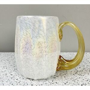 Hand Blown Artisan White Iridescent Art‎ Glass Mug 18oz Handmade